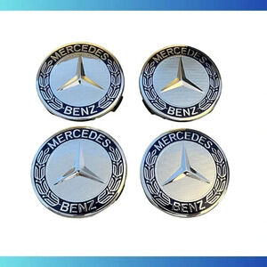 SET OF 4 - 75mm Wheel Center Hub Caps Blue Compatible w/ Mercedes Vehicles